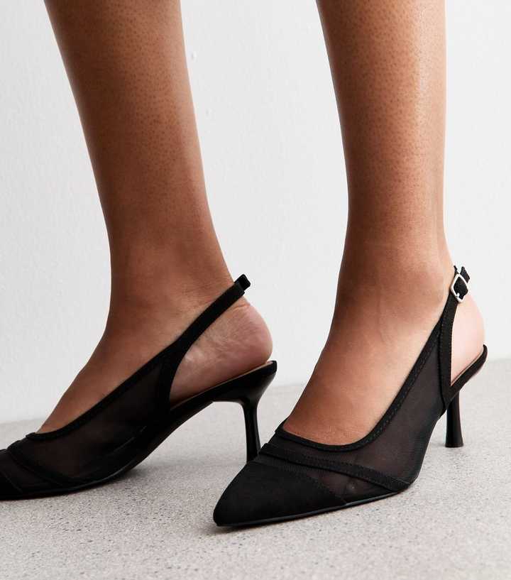 Black Mesh Contrast Trim Slingback Pumps