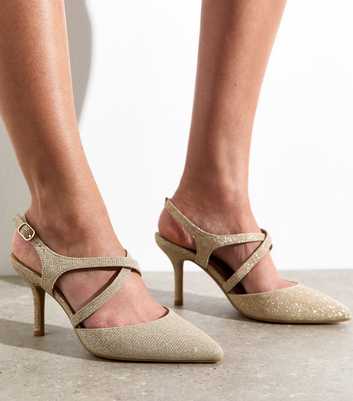 Wide Fit Gold Shimmer Asymmetric Strap Stiletto Heel Court Shoes