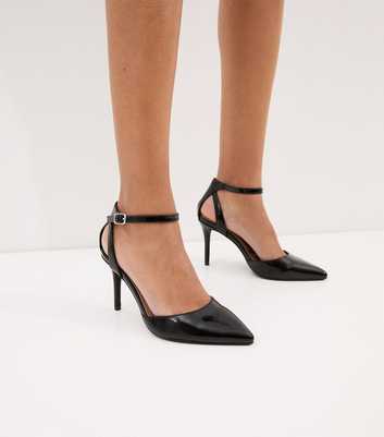 Wide Fit Black Faux Patent Leather Pointed Toe Ankle Strap Pumps