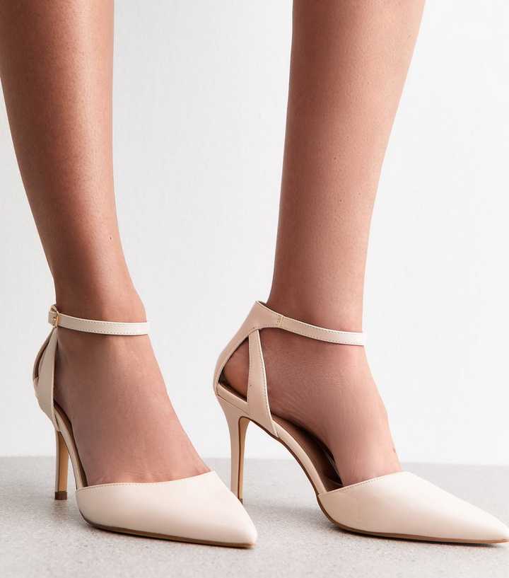 Wide Fit Off White Faux Patent Leather Pointed Toe Ankle Strap Pumps
