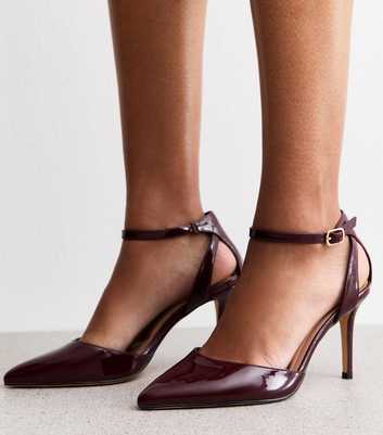 Wide Fit Dark Burgundy Faux Patent Leather Pointed Toe Ankle Strap Pumps