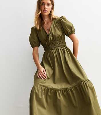 Light Khaki Cotton V-Neck Midi Smock Dress