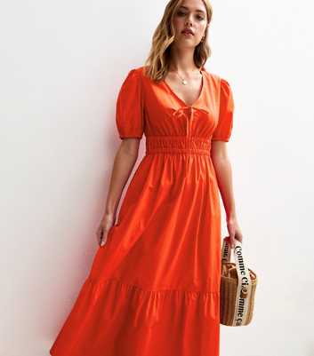 Orange Cotton V-Neck Midi Smock Dress