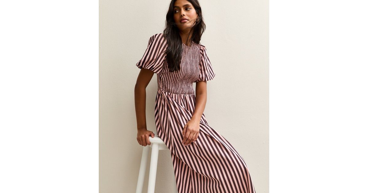 Pink Cotton Striped Shirred Midi Dress | New Look