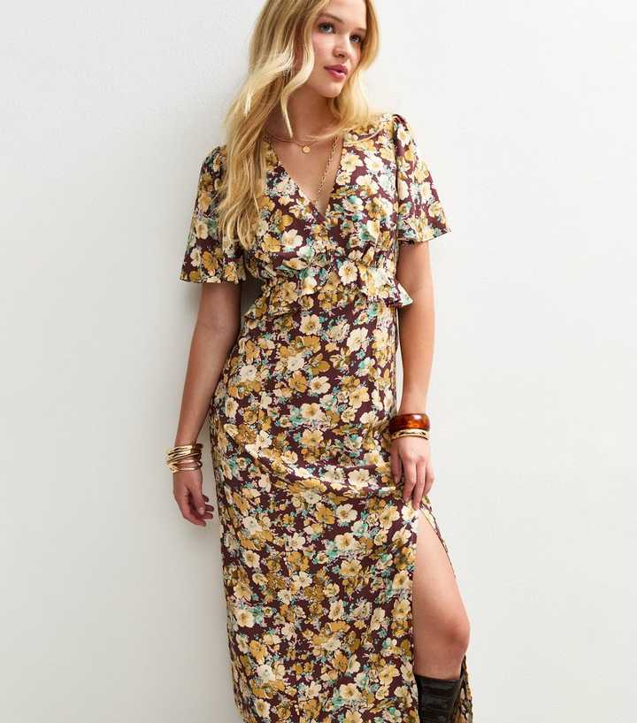 Romantic Floral Print Mesh Ruched Midi Dress-Brown