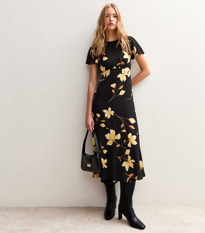 Black Floral Print Tiered Midi Dress