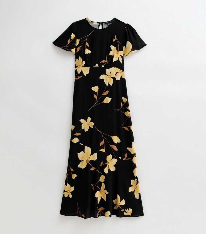 Black Floral Print Tiered Midi Dress | New Look