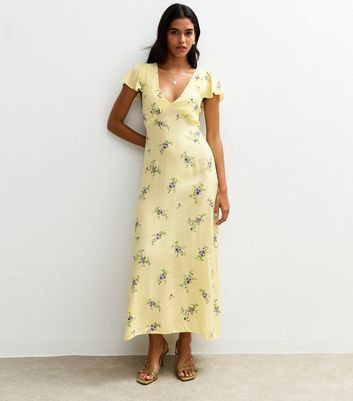 Yellow Floral Print Flutter Sleeve Midi Dress