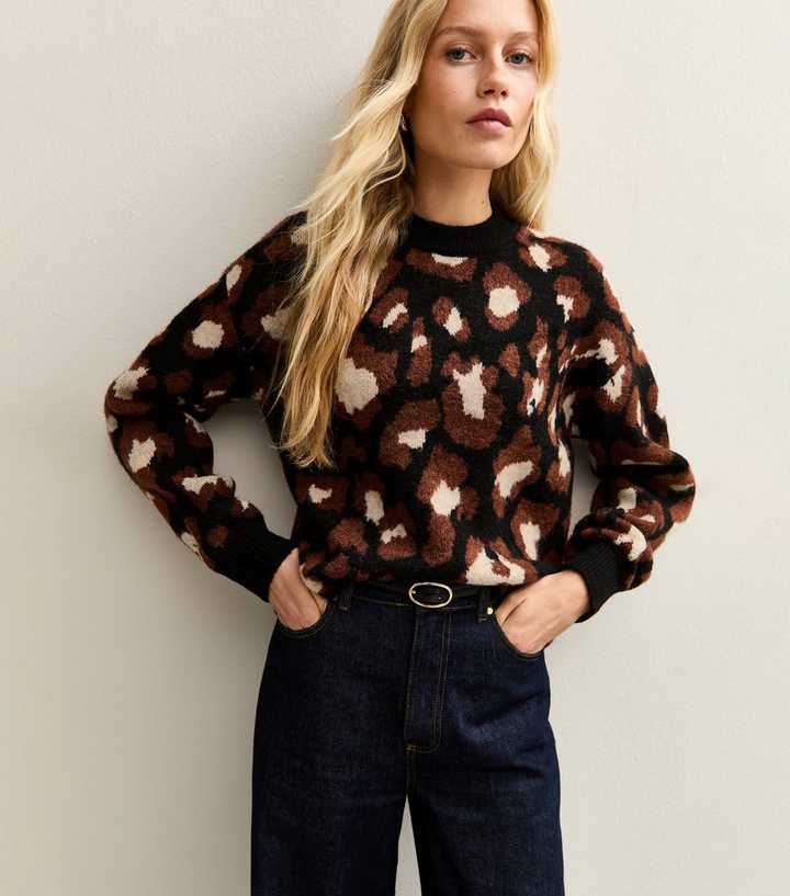 Brown Animal Patterned Crew Neck Jumper