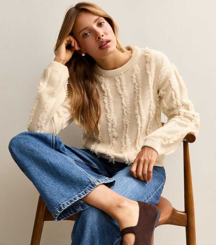 Fringe High Neck Oversized Jumper in Cream