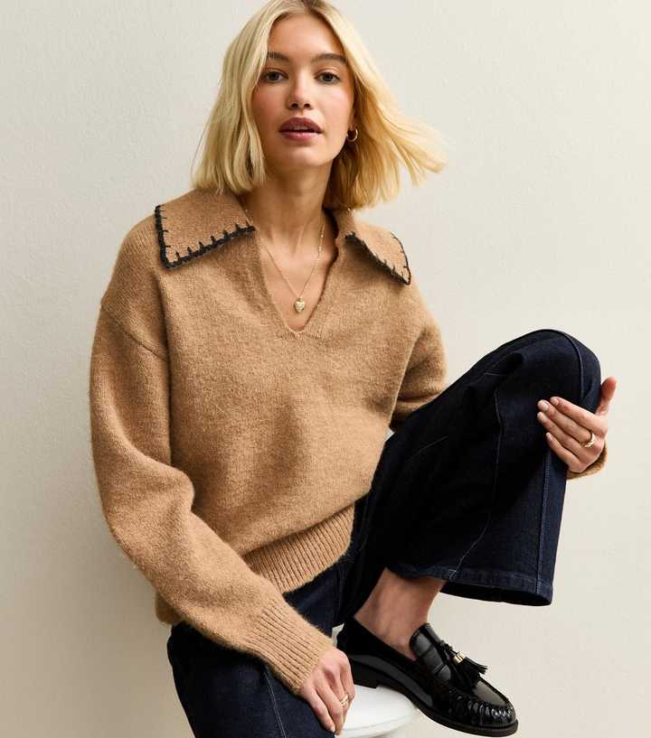 Tan Blanket Stitch Collar Jumper
