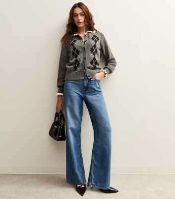 Grey Argyle Print Knit Frill Collar Cardigan