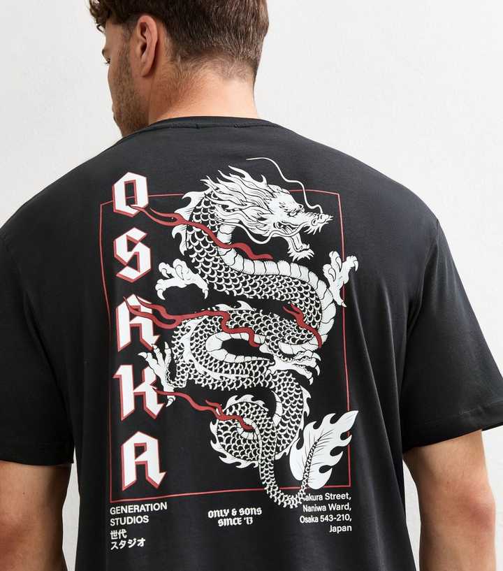 Only & Sons Black Osaka Dragon Print Relaxed T-Shirt