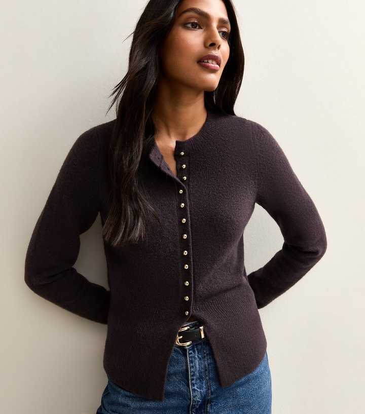 Dark Purple Crew Neck Long Sleeve Studded Cardigan