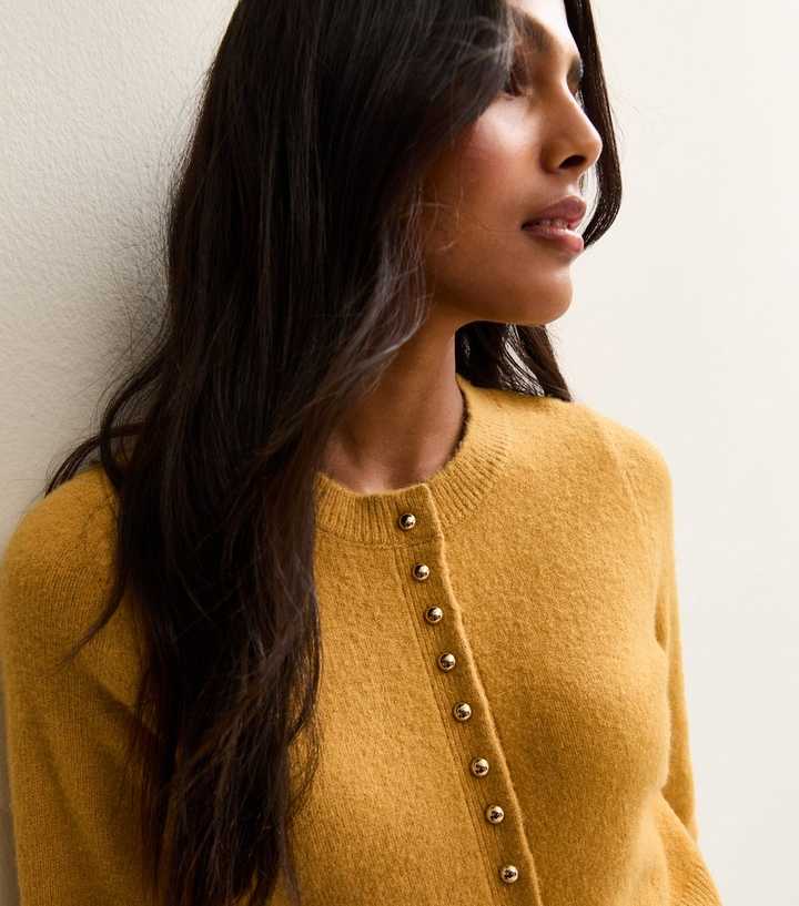 Yellow Crew Neck Long Sleeve Studded Cardigan