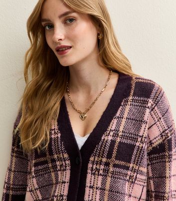 Pink Pattern Button Through Checked Cardigan | New Look
