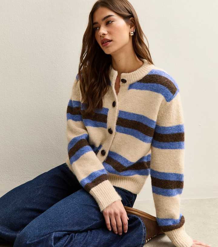 Cream Striped Long Sleeve Cardigan
