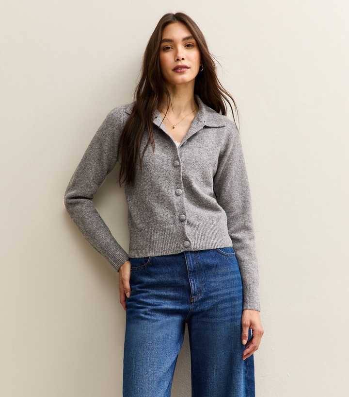 Grey Midweight Knit Collared Cardigan