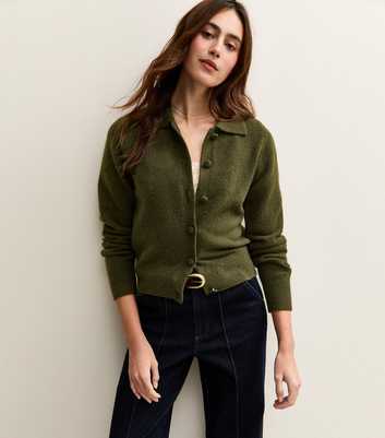 Dark Khaki Midweight Knit Collared Cardigan