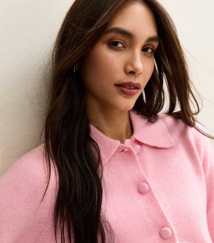 Pink Midweight Knit Collared Cardigan