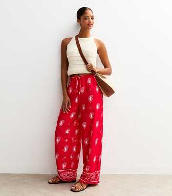 Red Crepe Paisley Print Wide Leg Trousers