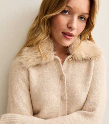 Off White Faux Fur Collar Cardigan