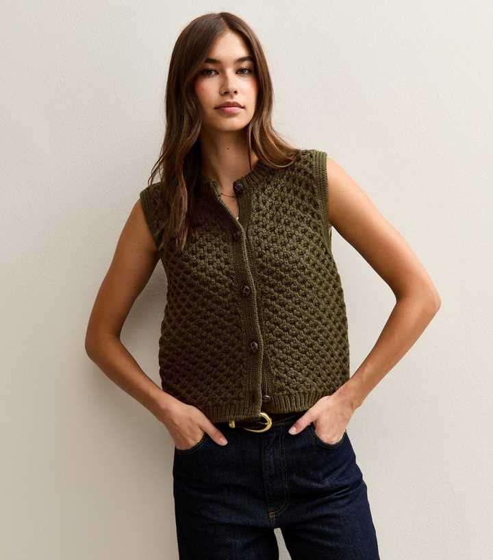 Khaki Moss Stitch Buttoned Waistcoat