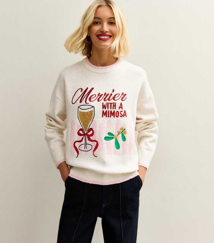Cream Embroidered Merry Mimosa Christmas Jumper