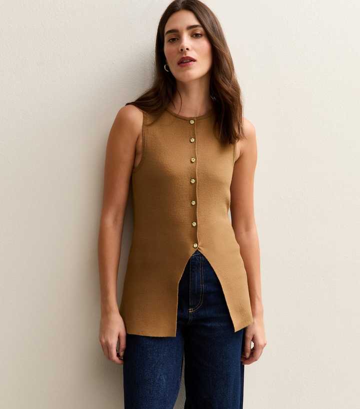 Camel Compact Knit Button Front Waistcoat