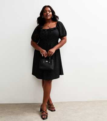 Curves Black Spot Print Textured Milkmaid Midi Dress