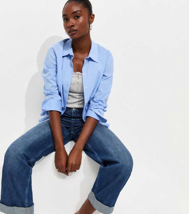 Blue Turn Up Cuff Wide Leg Jeans