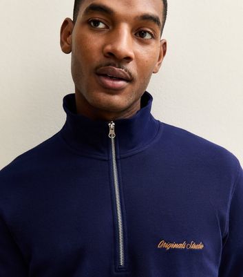 Jack & Jones Dark Blue Embroidered Logo Half Zip Sweatshirt | New Look
