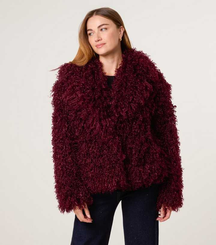 Blue Vanilla Dark Red Textured Faux Fur Coat