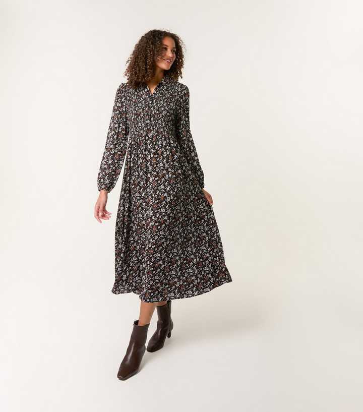 Blue Vanilla Black Floral Print Shirred Midi Shirt Dress