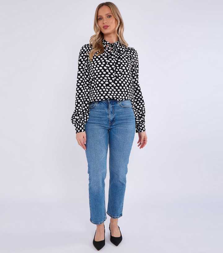 Gini London Black Spot Print Tie Collar Blouse