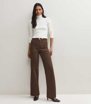 Brown High Waist Stretch Denim Wide Leg Jeans