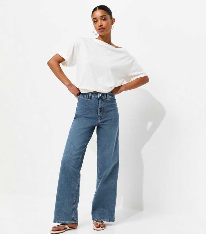 Blue High Waist Stretch Denim Wide Leg Jeans