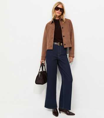 Navy High Waist Stretch Denim Wide Leg Jeans