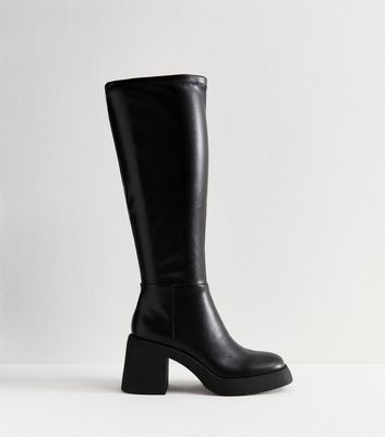 Black Faux Leather Block Heel Knee High Boots New Look