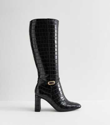 Black Snakeskin Effect Faux Leather Knee High Boots