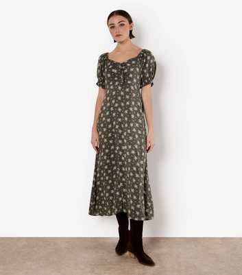 Apricot Khaki Floral Print Midi Dress