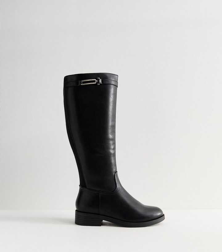 Wide Fit Black Faux Leather Knee High Boots