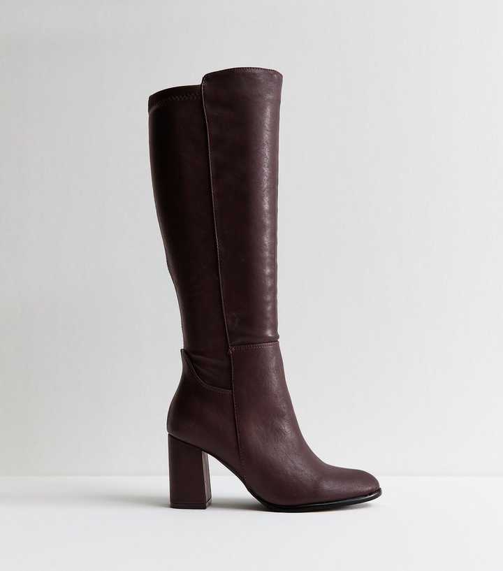 Wide Fit Burgundy Faux Leather Block Heel Boots