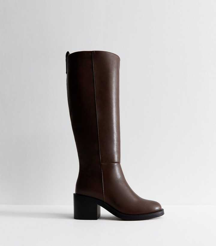 Dark Brown Faux Leather Heeled Knee High Boots