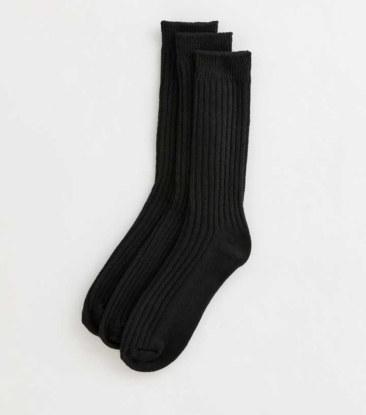 Mens Pack of 3 Fluffy Black Ribbed Socks