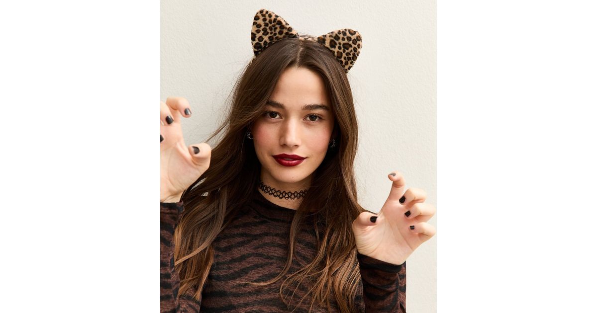 Brown Halloween Leopard Print Plush Cat Ears Headband New Look