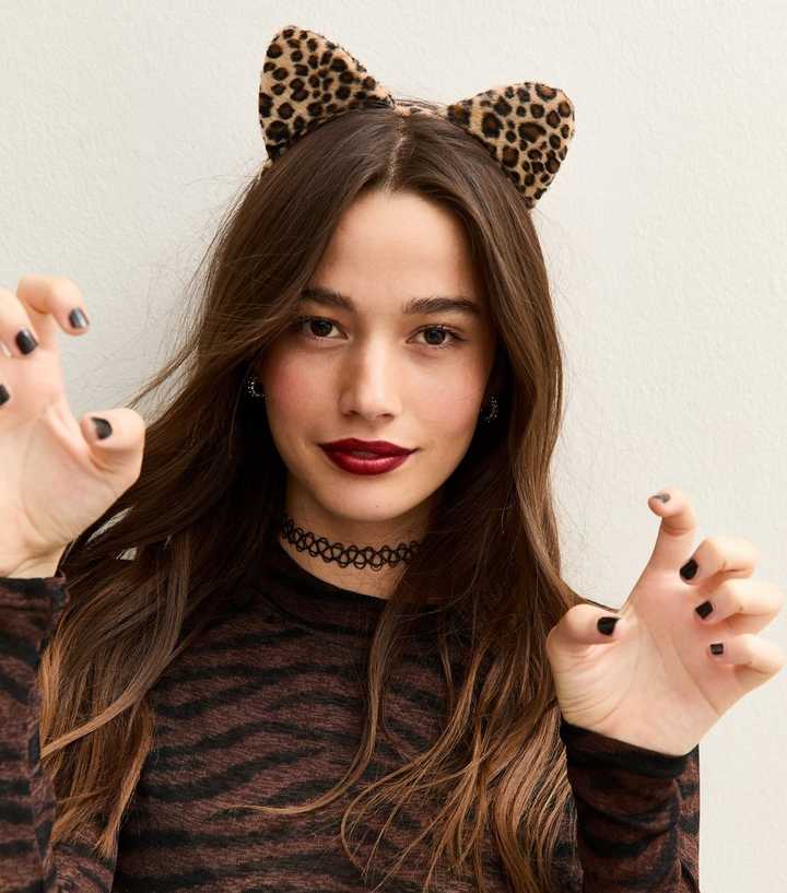 Brown Halloween Leopard Print Plush Cat Ears Headband