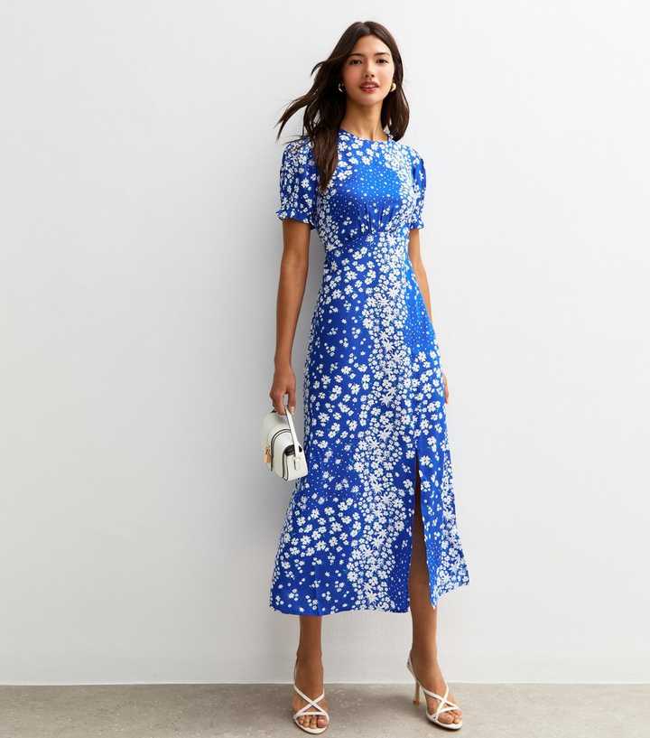 Blue Floral Print Slit Hem Crepe Midi Dress | New Look Blue Floral Print Slit Hem Crepe Midi Dress | New Look