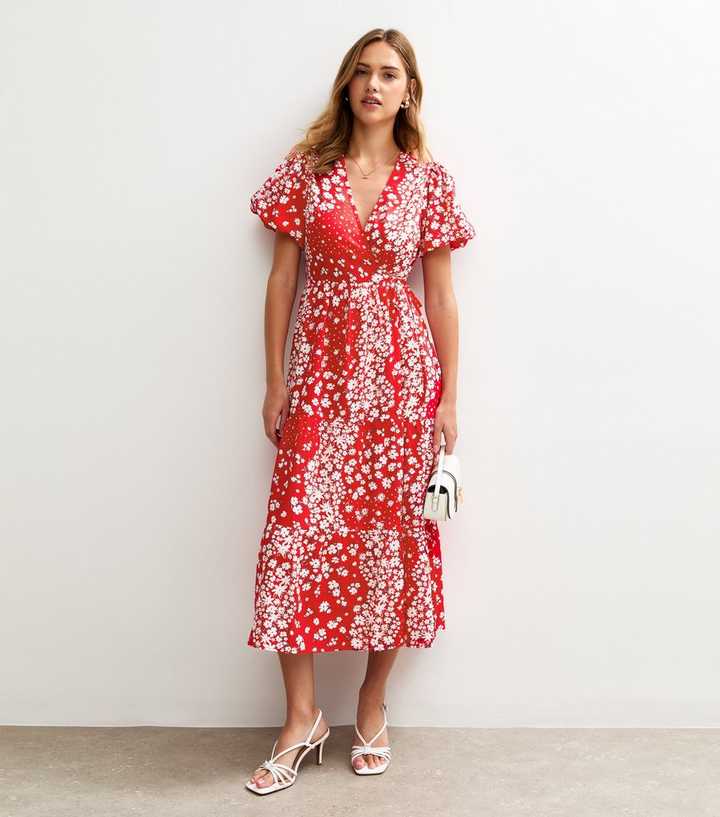 Red Floral Print Wrap Midi Dress