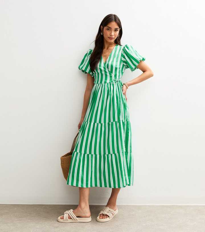 Green Crepe Stripe Print Midi Wrap Dress